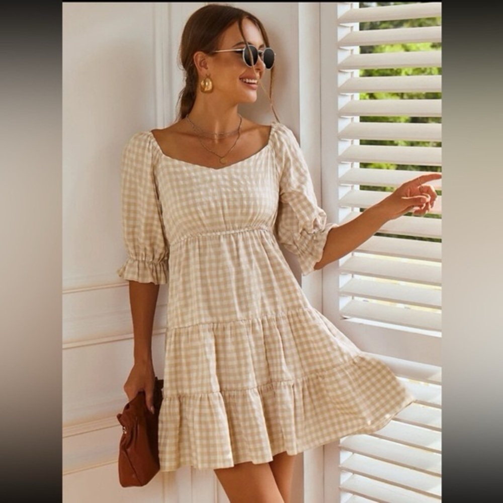 SHEIN Beige Checkered Puff Sleeve Mini Dress